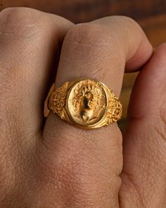 Helios 18K Gold Signet Ring – Olithica Gold Spiritual Signet Ring For Ceremonial Occasions, Vintage Gold Ring With Halo, Collectible Gold Rings With Historical Design, Gold Byzantine Signet Ring For Ceremonies, Gold Byzantine Signet Ring For Ceremonial Occasions, Gold Byzantine Style Ceremonial Signet Ring, Greek Sun God, Mens Emerald Rings, Mens Rings Fashion