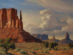 a painting of the desert with mountains and clouds in the background, including two large rock formations