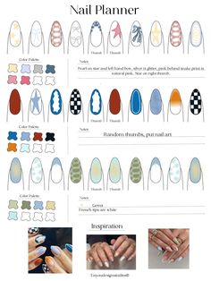 Nail art planning made digitally and easily. More space and more ideas in one go. This planner includes a color palette, and a inspiration space at the bottom. If youre a nail tech and want to build a following online and gain more clients. You're gonna have to be good at your craft.  The best way to get better is to practice your nail art and plan on paper first before you waste your products. If you have an iPad or don't, nail templates are a nail tech's essential! They can also be printed out Nail Digital Art, Nail Model Cute, Nail Art Palette, Simple Nails Design For Beginners, Nail Layout Design, Cool Nail Inspo Summer, Nail Art Carton, Nail Art Character Design, Nail Graphic Design