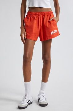 Kick it all weekend in these sporty cotton shorts that sport the brand's signature. 2 1/2" inseam; 27" leg opening; 12" front rise; 14 1/2" back rise (size Medium) Elastic waist Front scoop pockets; back patch pocket 100% cotton Machine wash, tumble dry Made in the USA Asian & Pacific Islander Owned/Founded Sporty Cotton Shorts For Leisure, Summer Cotton Activewear Of Short Length, Summer Cotton Activewear In Short Length, Casual Red Athletic Shorts For Sports Season, Sporty Cotton Athletic Shorts For Spring, Sporty Cotton Athletic Shorts For Leisure, Red Cotton Sporty Athletic Shorts, Sporty Red Cotton Athletic Shorts, Cotton Sports Bottoms For Summer