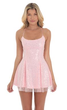 Sequin Beaded Mini Dress in Pink | LUCY IN THE SKY Pink Hoco Dress, Satin Ruffle Dress, Hoco 2024, Mitzvah Dresses, Beaded Mini Dress, Lover Dress