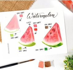 watermelon slices are shown on top of a piece of paper next to some flowers