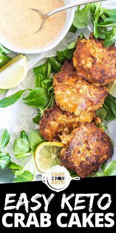 keto crab cakes on a bed of lettuce with dipping sauce