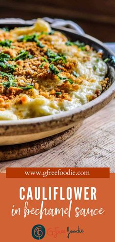 cauliflower in bread and sauce on a wooden table with text overlay that reads, cauliflower in bread and sauce