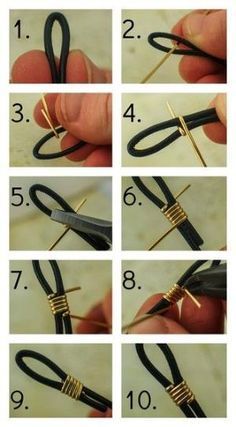 the instructions for how to tie a pair of black and gold colored wire with scissors