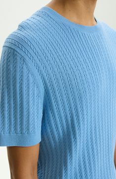 Mini cables texture this summery sweater knit from a cotton-first yarn blend. Crewneck Short sleeves 96% cotton, 4% other fibers Machine wash, dry flat Imported Casual Cotton Cable Knit Top, Summer Cotton Cable Knit Top, Blue Cotton Knit Top With Textured Knit, Cotton Cable Knit Crew Neck Top, Blue Cable Knit Cotton Tops, Blue Cable Knit Top, Blue Cotton Cable Knit Top, Blue Textured Knit Short Sleeve Sweater, Blue Textured Knit Cropped Sweater With Crew Neck