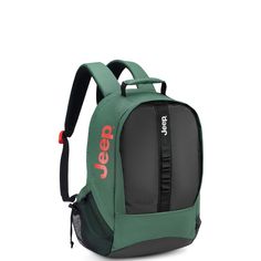 a green and black backpack with the word keep written on it's front pocket