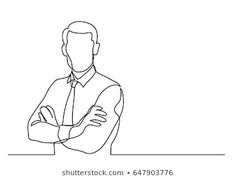 continuous line drawing of a man standing with his arms crossed and looking to the side