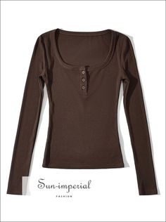 Sun-imperial Square Neck Long Sleeved Fitted T-shirt With Buttons Detail Basic style Long Sleeved T Shirt, Pinterest Closet, Basic Long Sleeve, Collars For Women, Adjustable Waistband, Dream Clothes, Round Collar, Square Neck, Workout Shirts