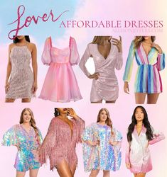 four different styles of dresses with the words love afordable dresses