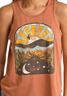 55% Cotton, 45% Polyester Scoop neck tank Distressed graphic Granola Girl Style, Mountains Graphic, Desert Scene, Rust Orange, T-shirts & Tank Tops, Rock Roll, Country Outfits, Sleeveless Tank Top, Sleeveless Tank