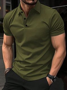 Army Green Casual Collar Short Sleeve Fabric Plain  Embellished Medium Stretch Summer Men Clothing Khaki Collared Top, Green Slim Fit Collared Top, Slim Fit Solid Color Top With Casual Collar, Casual Khaki Tops With Collar, Slim Fit Collared Top With Button Closure, Slim Fit Tops With Button Closure And Collar, Fitted Khaki Tops With Buttons, Green Tops With Button Closure And Casual Collar, Fitted Polo Shirt With Casual Collar