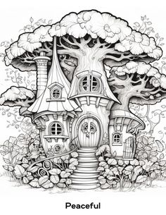 a drawing of a tree house in the middle of a forest with lots of trees