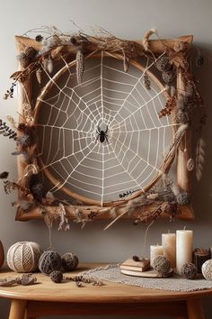 a spider web is hanging on the wall above a table with candles and other decorations