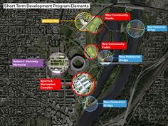 an aerial view of the short term development program elements, including new community parks and sports & recreation areas