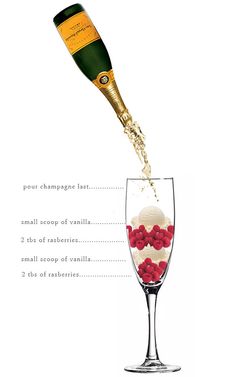 a champagne being poured into a wine glass filled with red and white berries, labeled