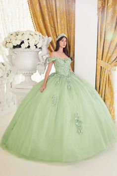 Look no further than this exquisite Lace Off The Shoulder Layered Tulle Ball Gown by Cinderella Divine to make your next event memorable. It features a unique lace off-the-shoulder neckline, layered tulle skirt, and figure-flattering bodice for an unforgettable look. Green Lace Ball Gown For Wedding, Green Lace Wedding Ball Gown, Green Lace Gown For Quinceanera, Green Quinceanera Dress With Fitted Bodice, Green Lace Ball Gown For Debutante Ball, Green Lace Ball Gown With Fitted Bodice, Elegant Green Floor-length Quinceanera Dress, Long Ball Dresses, Green Quinceanera Dresses