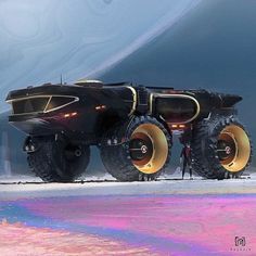 a futuristic vehicle with large wheels and gold rims on it's front tires