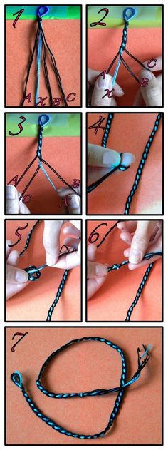 instructions to make a bracelet with beads and thread on the end, including two hands