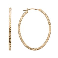 Add shining elegance to any outfit with these 14k gold oval hoop earrings. Diamond-cut oval design offers a sophisticated look. Gold construction promises lasting brilliance. Click-it backings ensure a secure fit. Details:  1 1/4-in. length Pierced 14k gold  Size: One Size. Color: Yellow. Gender: female. Age Group: adult. Modern 14k Gold Oval Hoop Earrings, Modern Oval 14k Gold Hoop Earrings, Oval Hoop Earrings Fine Jewelry For Formal, Oval Hoop Earrings Fine Jewelry For Formal Occasions, Oval Hoop Earrings Fine Jewelry For Formal Events, Oval Hoop Earrings For Formal Occasions, Elegant Oval Hoop Earrings For Everyday, Classic Tarnish-resistant Oval Hoop Earrings, Fine Jewelry Oval Hoop Earrings With Polished Finish