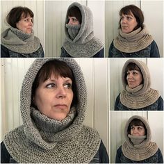 a woman wearing a knitted cowl with multiple pictures of her face and neck