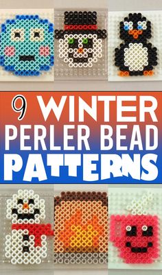 four perler bead patterns with text overlay that says winter perler bead patterns