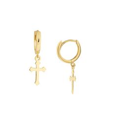 14K Yellow Gold Huggie Earrings with Cross Drop - Women. A timeless classic in any womans wardrobe our 14 karat huggie earrings exude a high polish quality that will punctuate any outfit. These earrings are perfectly crafted for accentuating facial features and simple enough to go with any style without being distracting. An easy to open clasp makes the perfect closure for quick application and removal Size: one size.  Gender: female.  Age Group: adult. Yellow Gold Dangle Huggie Earrings For Anniversary, Classic Dangle Huggie Earrings In 14k Gold Filled, White Gold Huggie Earrings With Lever Back For Gifts, Classic 14k Gold Filled Dangle Huggie Earrings, Classic 14k Gold-filled Dangle Huggie Earrings, Yellow Gold Huggie Earrings With Lever Back, Hypoallergenic Yellow Gold Huggie Dangle Earrings, Gold Plated Hallmarked Huggie Earrings, 14k Gold Dangle Huggie Earrings With Lever Back