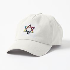 a white baseball cap with a star of david embroidered on the front and back side