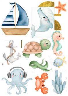 watercolor sea animals and marine creatures are featured in this illustration for the children's book