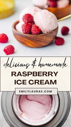 raspberry ice cream in a wooden bowl with fresh raspberries around it