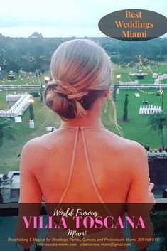 the back of a woman's head in front of an aerial view of a park