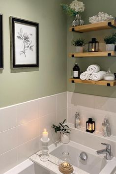 Bathroom ideas that will totally transform your bathroom into a haven. Simple bathroom decor to organize and revamp! White Green Wood Bathroom, Small Country Style Bathroom, Olive And Gold Bathroom, Sage Green Black Bathroom, Dark Green Bathroom Ideas Decor, Normal Bathroom Ideas, Big Bathroom Decor Ideas, Green Wall Bathroom Ideas, Small Bathroom Spa Decor Ideas