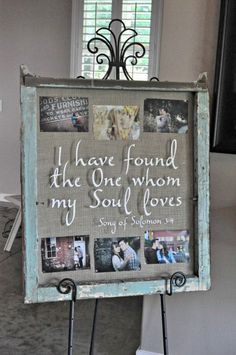 a sign with pictures on it in front of a window that says, i have found the one whom my soul loves