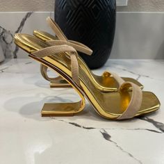 Jeffrey Campbell Geometric Sandals Size 9m Dark Natural Suede Gold Gently Worn Modern Gold Sandals With Wrapped Heel, Modern Gold Heels With Wrapped Heel, Designer Gold Heels For Spring, Modern Beige Party Sandals, Jeffrey Campbell Shoes, Jeffrey Campbell, Shoes Women Heels, Shoes Heels, Women Shoes