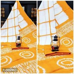 two pictures of an orange and white table cloth with a lantern on the top one