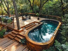 an above ground pool surrounded by trees and decking with stairs leading up to it