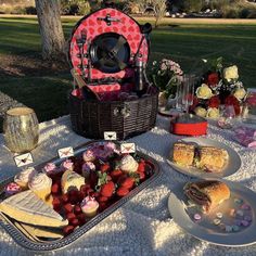 a picnic table is set up with sandwiches and desserts for two people to enjoy