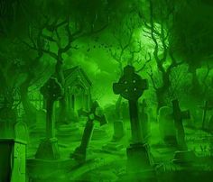 a cemetery filled with lots of tombstones under a green sky