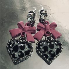 Pink Bow Earrings With Lucite Polka Dot Heart Charm Crystal Rhinestone Dangle Earrings Vintage Betsey Johnson Coquette Dot Heart, Weird Jewelry, Vintage Betsey Johnson, Betsey Johnson Jewelry, Bow Earrings, Betsy Johnson, Pink Polka Dots, Earrings Vintage, Pink Bow