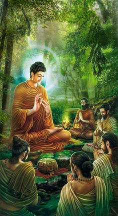 buddha sitting in the middle of a forest surrounded by other people