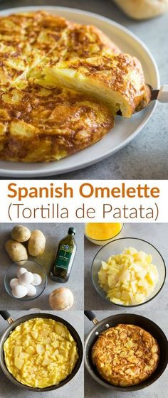 spanish omelette with tortilla de patata in pans and ingredients