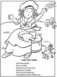 the little miss muffet coloring page is shown in black and white with an image of