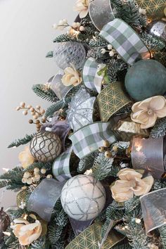 a christmas tree decorated with ornaments and ribbons