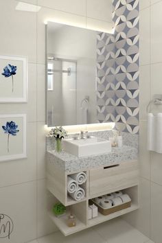 a bathroom with a sink, mirror and toiletries on the shelf in front of it