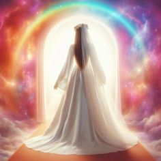 a woman in a white wedding dress standing at an open doorway with a rainbow behind her