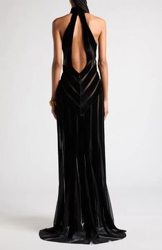 TOM FORD Halter Neck Stretch Tulle & Velvet Gown | Nordstrom Edgy Dresses Formal, Evening Gowns Gold, Velvet Halter Dress, Velvet Evening Gown, Character Clothes, Edgy Dress, Gown Gold, Designer Clothing Brands, Velvet Gown