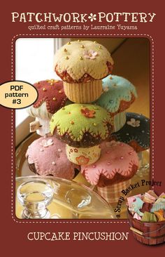 an advertisement for patchwork pottery featuring cupcakes