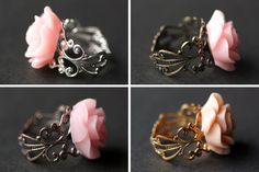 Pink Rose Ring. Light Pink Flower Ring. Gold Ring. Silver Ring. Bronze Ring. Copper Ring. Adjustable Elegant Adjustable Pink Flower Ring, Pink Flower Ring With Rose Design, Pink Rose Design Ring For Gift, Pink Rose Design Flower Ring, Pink Flower Ring, Peacock Ring, White Flower Earring, Resin Rose, Hot Pink Roses