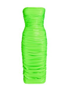 Hand tucked neon green foiled spandex is draped over a couture finished bustier, this strapless ruched midi dress is draped down to the hem with a form fit to the body Neon Green Neon green draped foil spandex with an internal cupped bustier lining 80% nylon | 20% spandex Lining: 92% nylon | 8% spandex Dry clean only Made in USA Neon Green Outfits, Neon Green Dresses, Sergio Hudson, Green Drapes, Hat Jewelry, Cocktail Wear, Green Neon, Ruched Midi Dress, Oogie Boogie