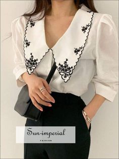 Black Women Buttoned Blouse with Red Embroidery Flower Printed Lapel Collar Single Pocket Retro 3/4 top Embroidery On Collar, Handkerchief Embroidery, Imperial Fashion, Retro 3, Red Embroidery, Floral Color, Vintage Fabric, Lapel Collar, Embroidery Flowers